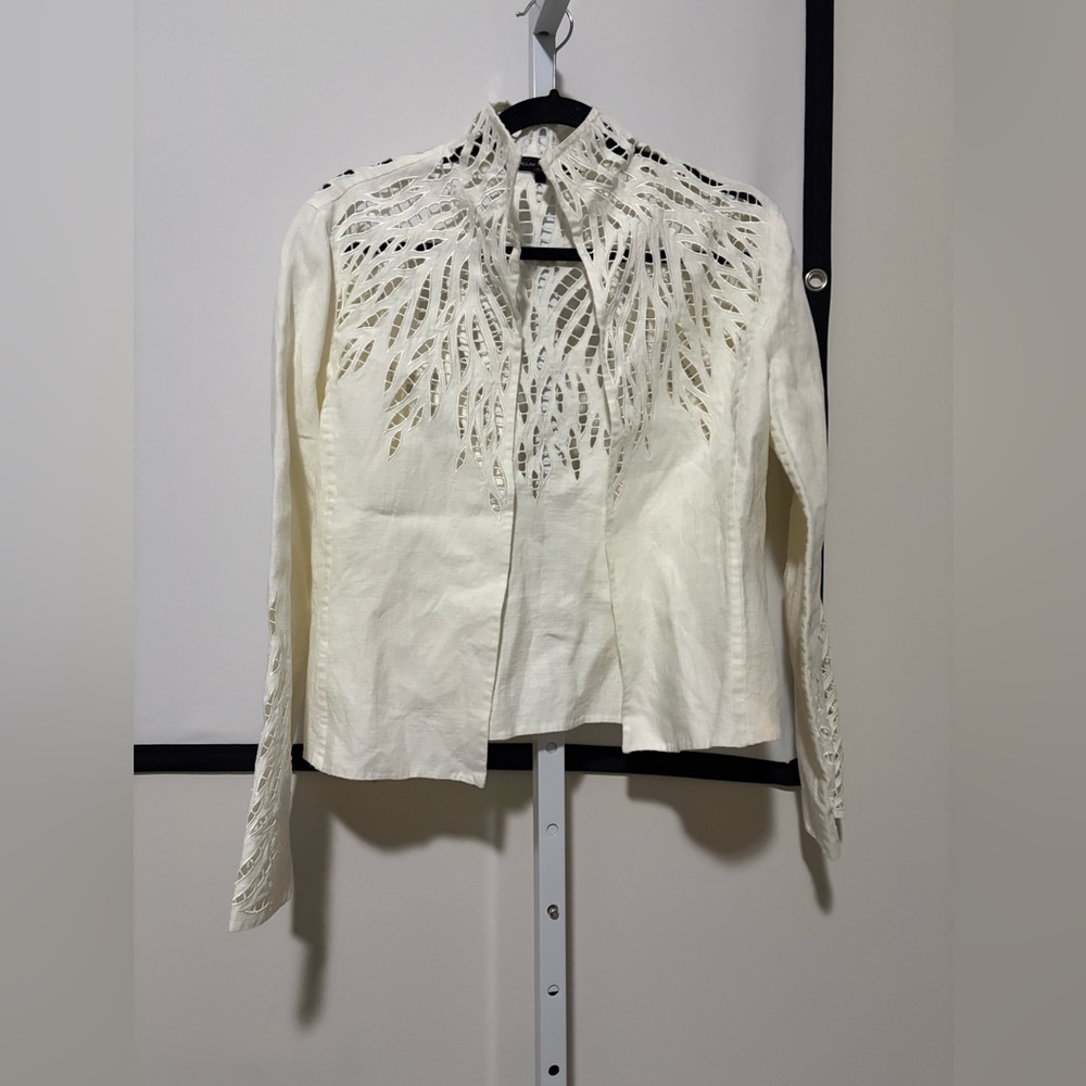 Ellen Tracy White Laser-Cut Overlay Top